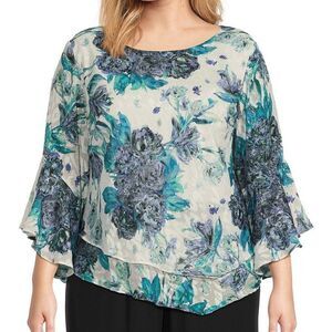 ALEX EVENINGS | Ruffle Bell Sleeve Chiffon Floral Blouse - [1X, Ivory/Teal/Blue]